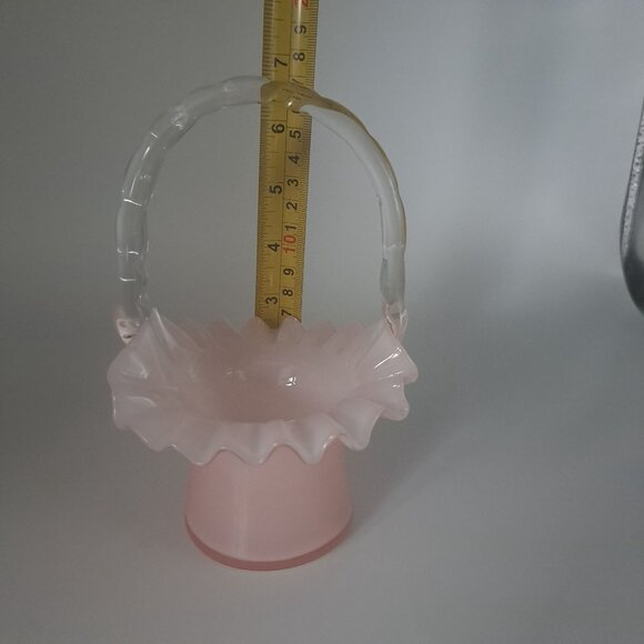 Fenton Overlay Pink Handled Glass Basket With Ruffled Edge - Picture 13 of 16
